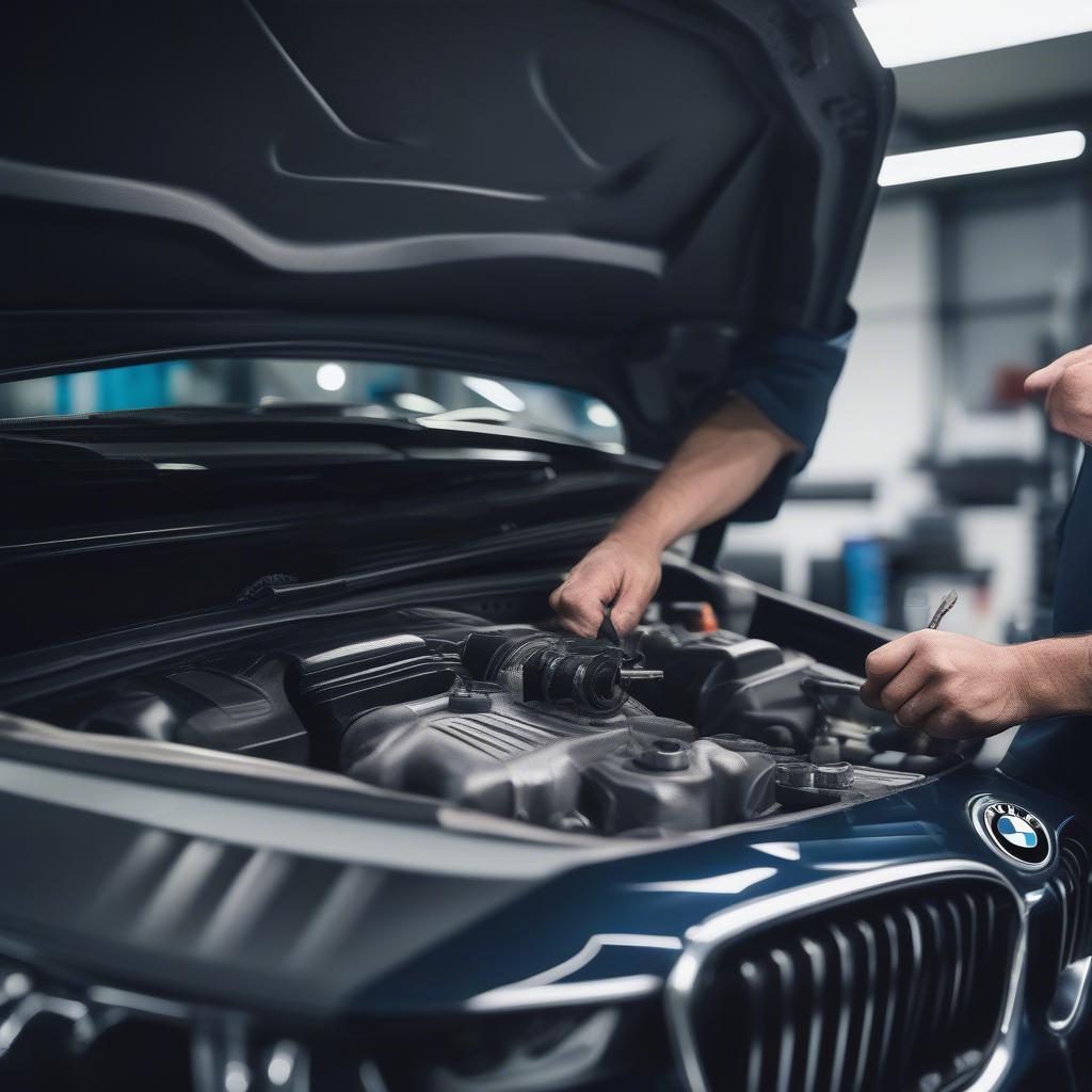 Kỹ thuật viên chuyên nghiệp đang kiểm tra động cơ BMW