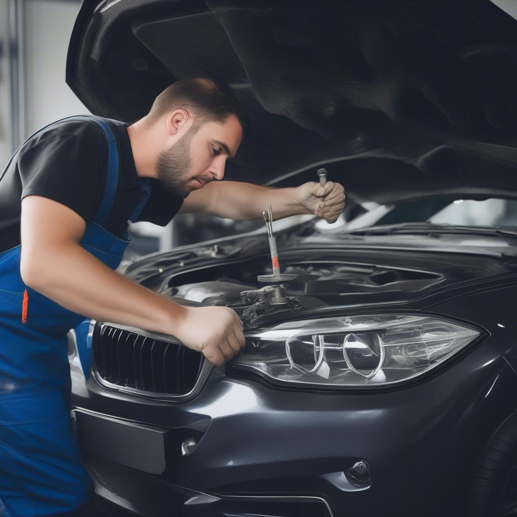 Kỹ thuật viên đang sửa chữa hệ thống phanh BMW