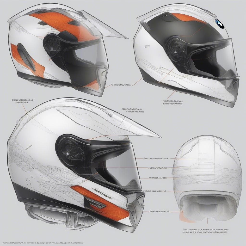 Hình ảnh minh họa các tính năng an toàn của mũ bảo hiểm BMW System 6 Helmet như lớp vỏ composite chắc chắn, hệ thống khóa an toàn và lớp lót hấp thụ xung động.