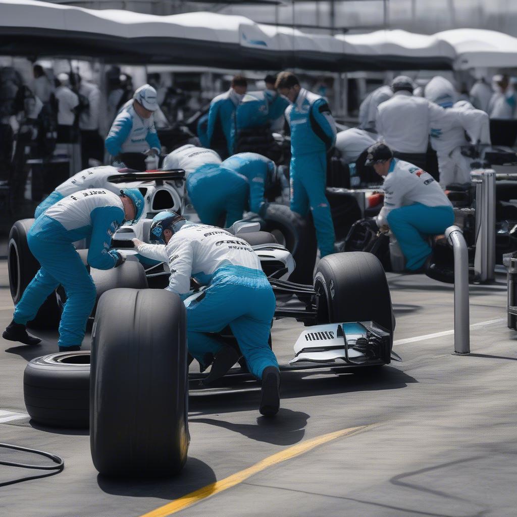 Đội ngũ kỹ thuật BMW Team đang làm việc trong khu vực pit stop tại một cuộc đua F1