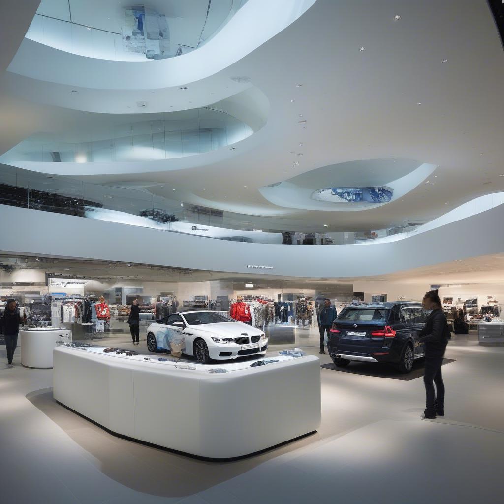 BMW Welt Shop trưng bày đa dạng quà tặng từ quần áo, phụ kiện đến mô hình xe.