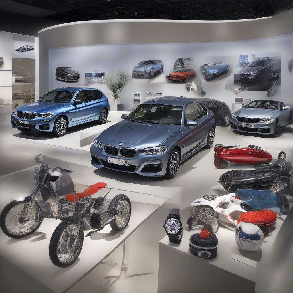 Các sản phẩm đa dạng tại BMW Welt Shop, từ quần áo, phụ kiện đến đồ chơi và mô hình xe.