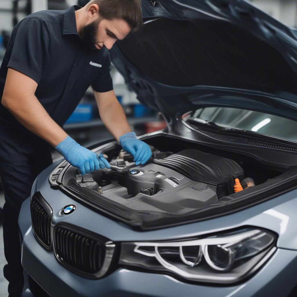 Kỹ thuật viên đang bảo dưỡng xe BMW tại BMW West Broad