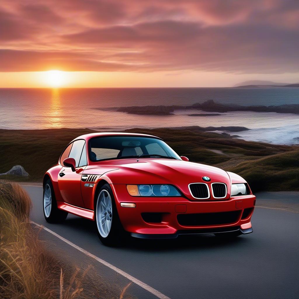 BMW Z3 M Coupe đỏ bên cạnh biển