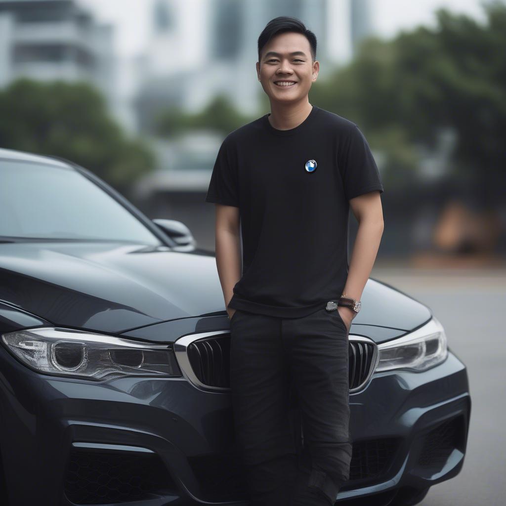 Bùi Hữu Trí bên cạnh chiếc xe BMW của mình