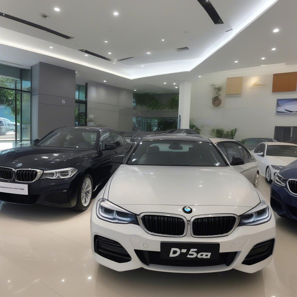 Hình ảnh các dòng xe BMW phổ biến tại Đà Nẵng: BMW 3 Series, BMW 5 Series, và BMW X Series, được trưng bày tại một showroom.