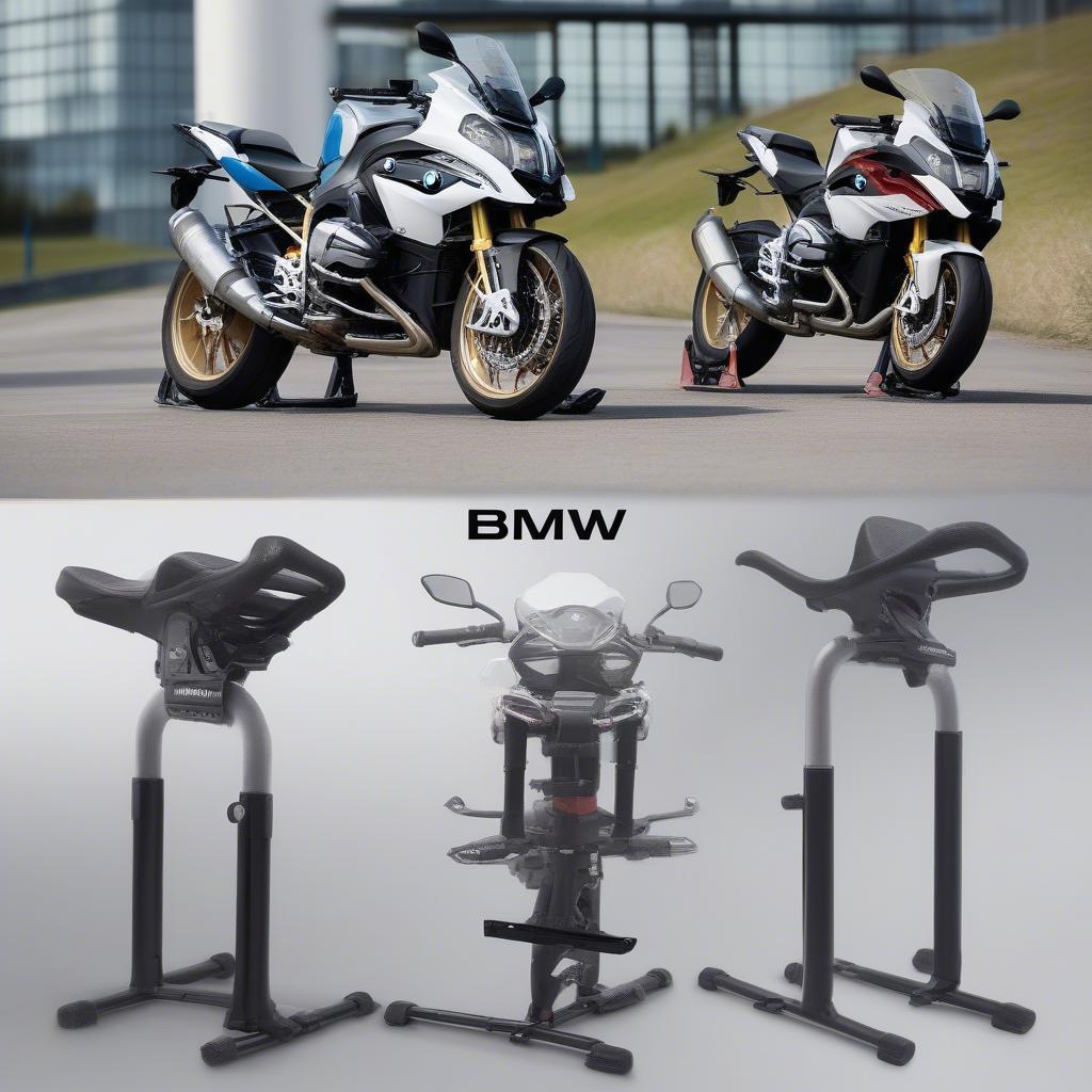 Các loại chân chống BMW motorcycle stand: giữa, nghiêng và bên.