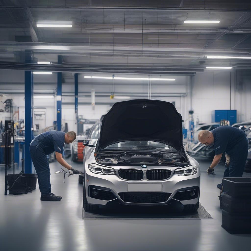 Đội ngũ kỹ thuật viên chuyên nghiệp đang kiểm tra và bảo dưỡng xe BMW