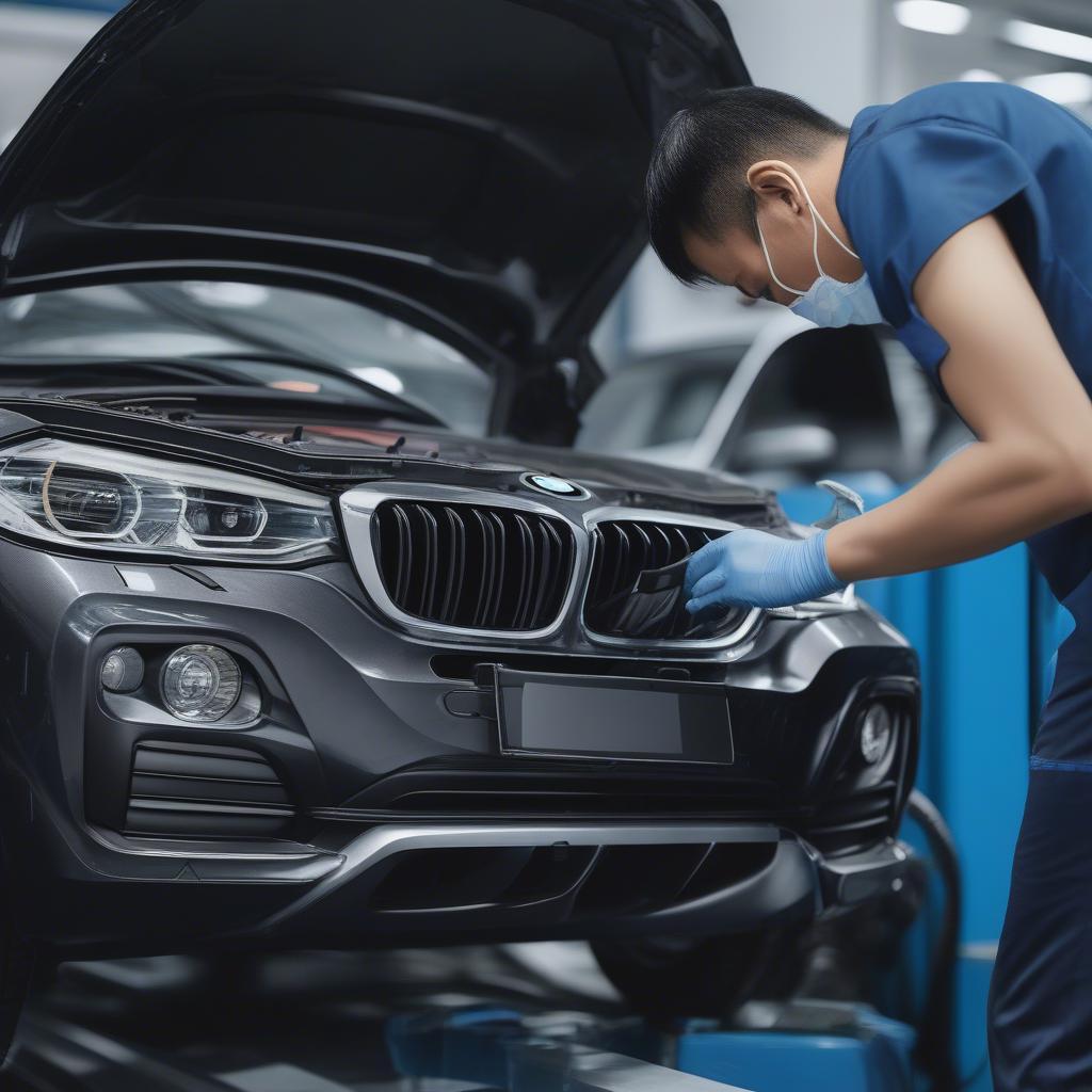 Kỹ thuật viên BMW Cầu Giấy đang kiểm tra xe cho khách hàng.