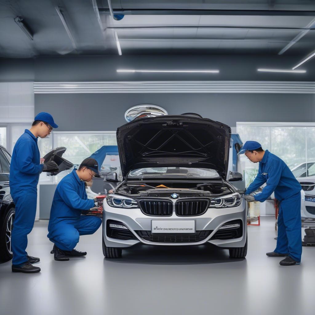 Đội ngũ kỹ thuật viên chuyên nghiệp đang thực hiện bảo dưỡng cho xe BMW tại đại lý Cầu Giấy.