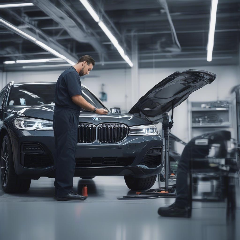 Hình ảnh kỹ thuật viên BMW đang kiểm tra xe với các thiết bị hiện đại, thể hiện dịch vụ hậu mãi chuyên nghiệp.