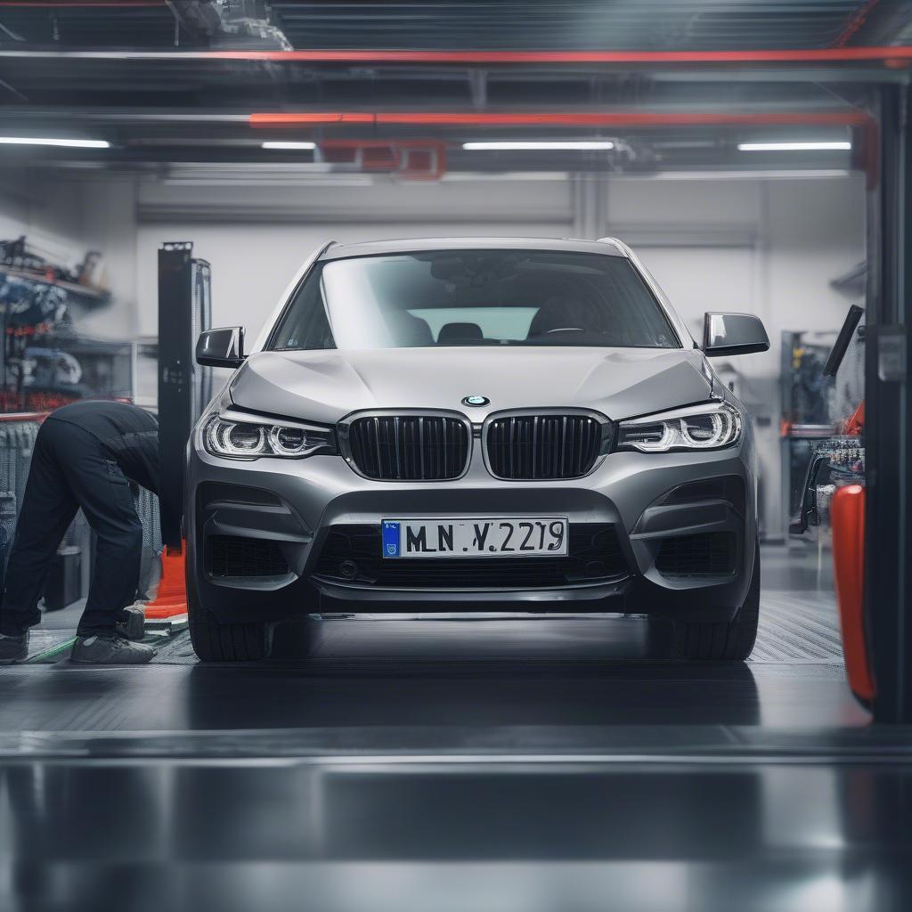 Kỹ thuật viên đang kiểm tra xe BMW tại xưởng dịch vụ hậu mãi.