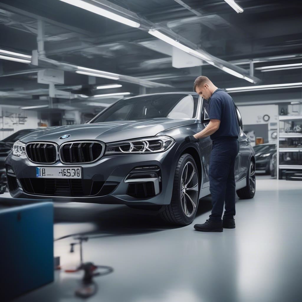 Kỹ thuật viên đang kiểm tra xe BMW tại xưởng dịch vụ ở Malmö