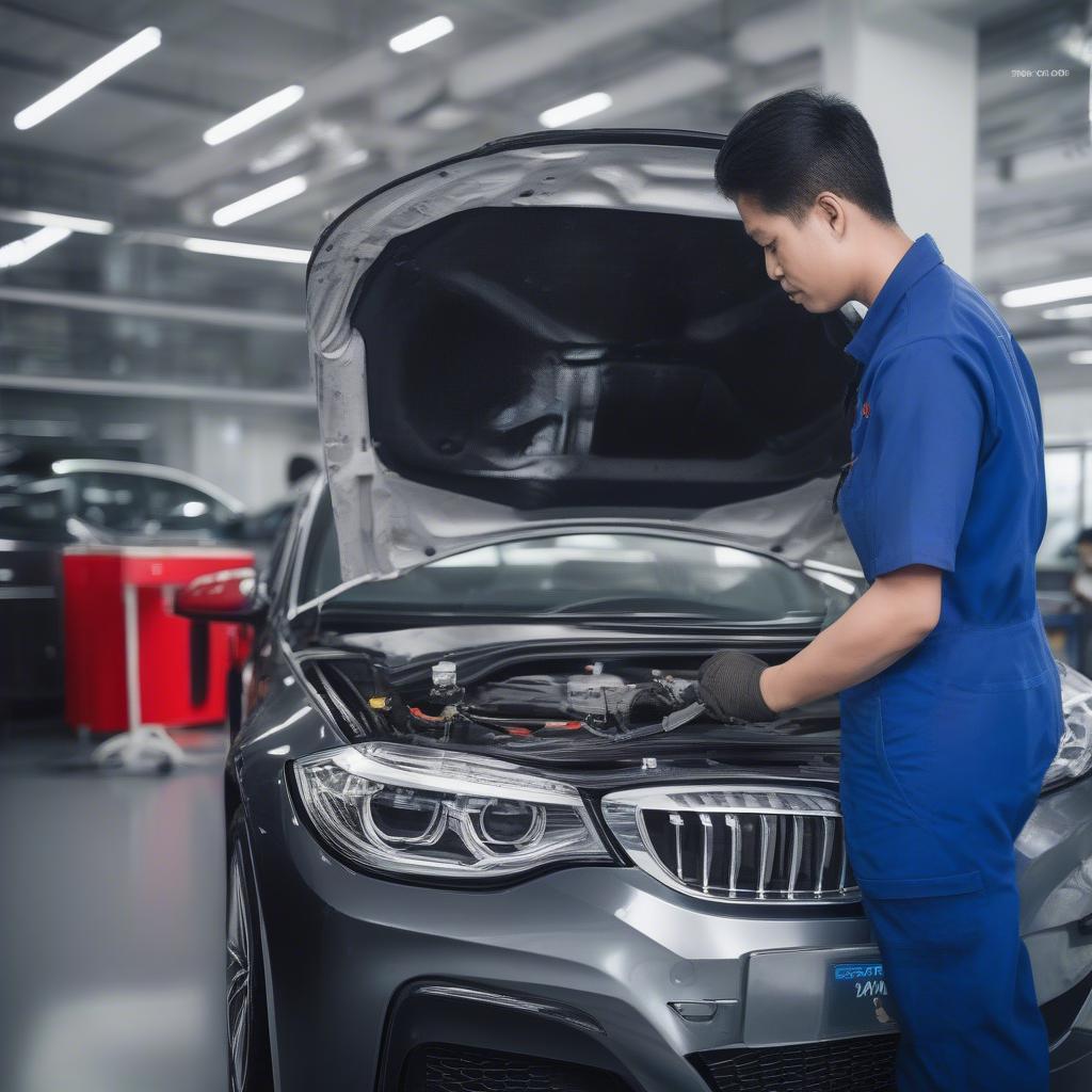 Dịch vụ sửa chữa BMW uy tín tại Cầu Giấy - Hình ảnh minh họa đội ngũ kỹ thuật viên đang sửa chữa xe BMW tại xưởng dịch vụ BMW Cầu Giấy.