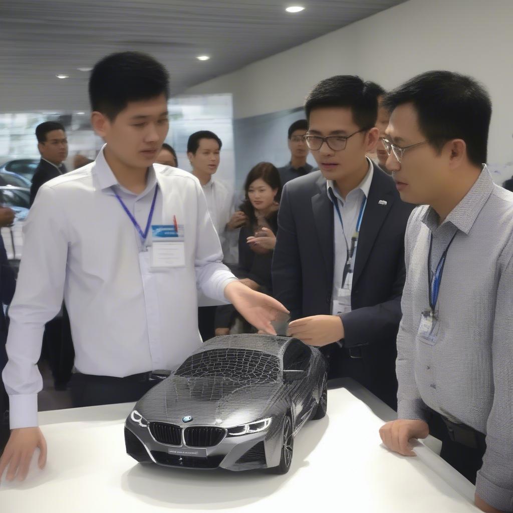 Hình ảnh minh họa các kỹ sư Việt Nam đang trình bày dự án về công nghệ mới cho xe BMW.