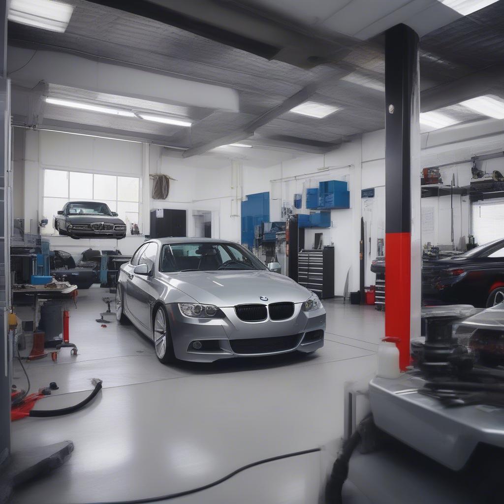 Gara sửa chữa hộp số BMW uy tín: Hình ảnh gara sửa chữa hiện đại, sạch sẽ, chuyên nghiệp.