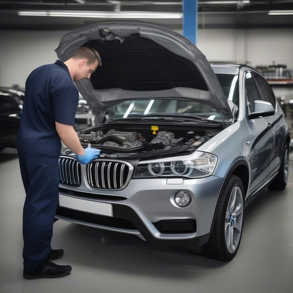 Kiểm tra BMW SUV trước khi mua: Hình ảnh một kỹ thuật viên đang kiểm tra động cơ của một chiếc BMW X3 used.