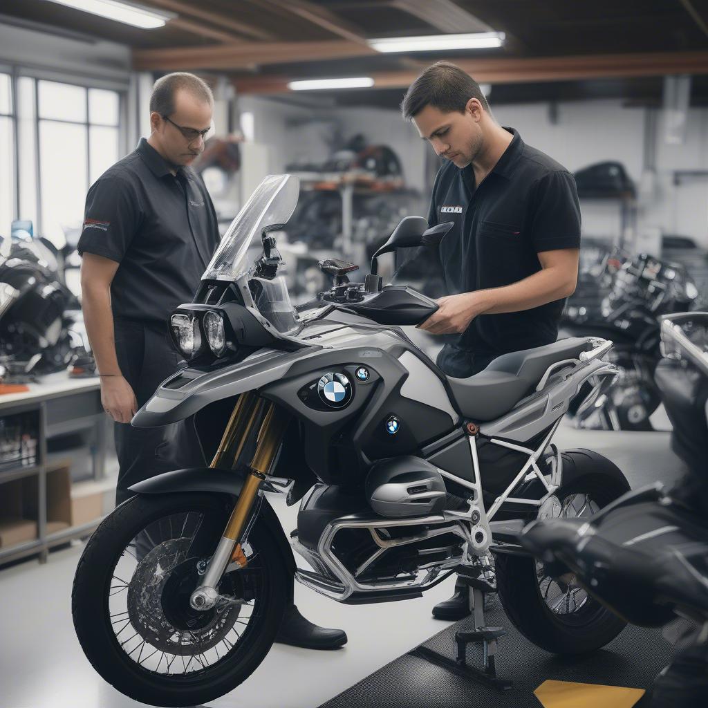 Kỹ thuật viên đang kiểm tra xe BMW moto