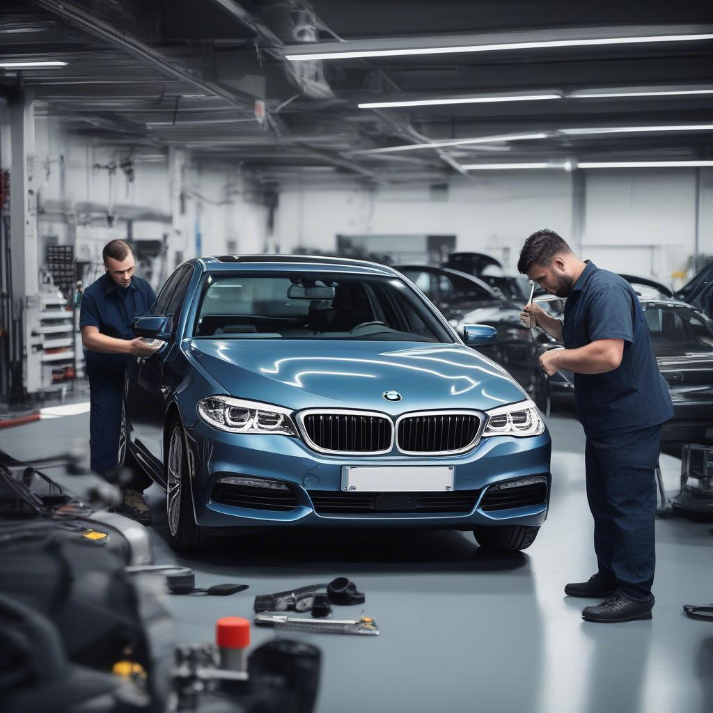 Kỹ thuật viên BMW 5S chuyên nghiệp đang kiểm tra xe bằng thiết bị hiện đại.