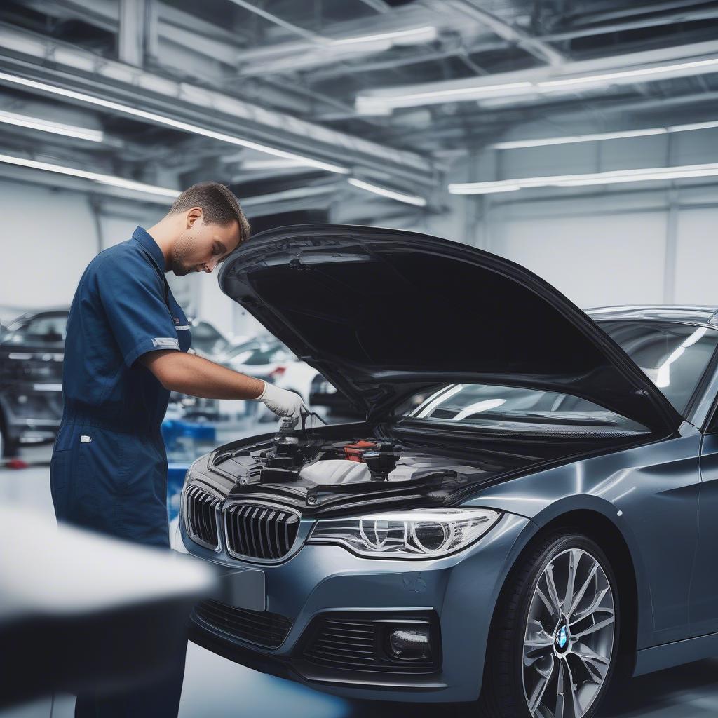 Kỹ thuật viên BMW Cầu Giấy đang kiểm tra xe