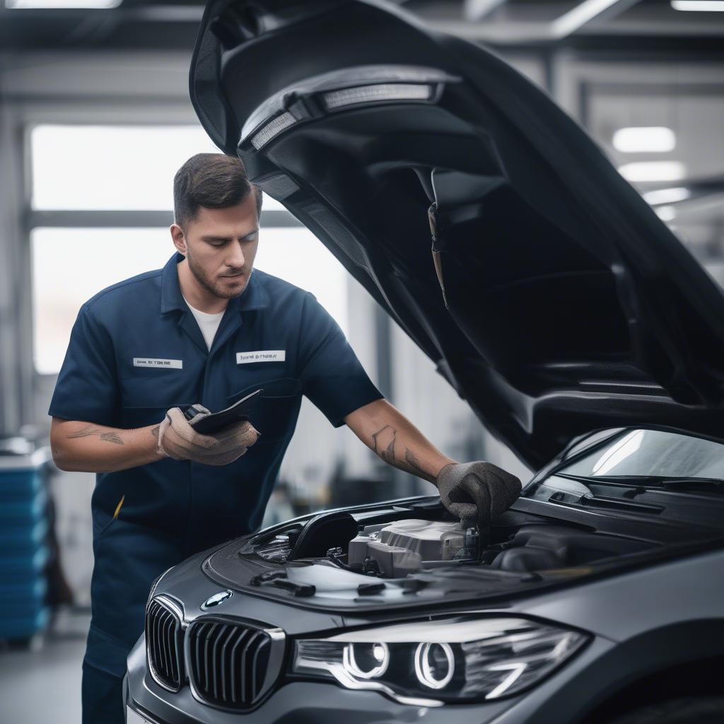 Kỹ thuật viên BMW Cầu Giấy đang kiểm tra xe