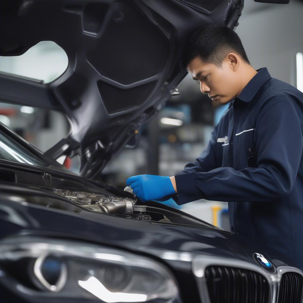 Kỹ thuật viên BMW Cầu Giấy đang kiểm tra xe