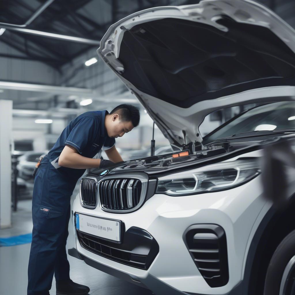 Kỹ thuật viên BMW Cầu Giấy đang kiểm tra xe