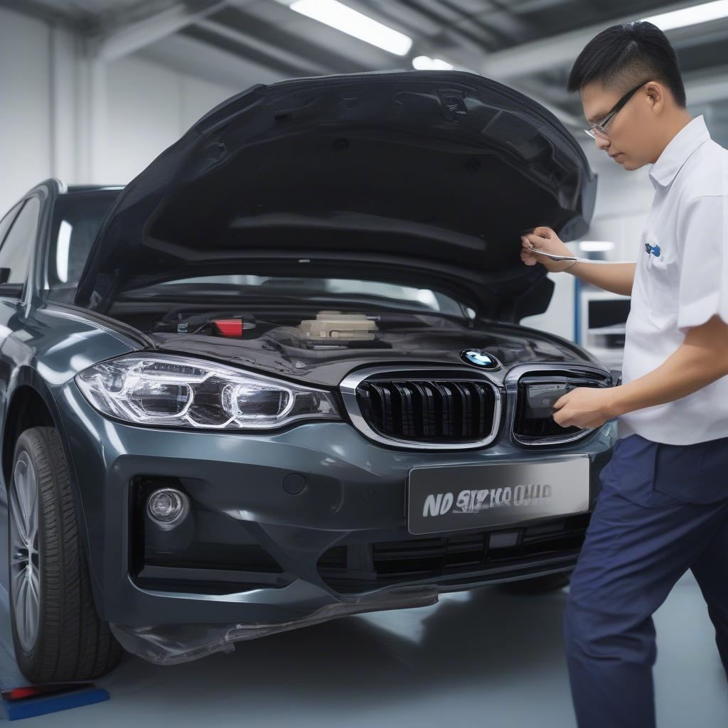 Kỹ thuật viên BMW Cầu Giấy đang kiểm tra xe