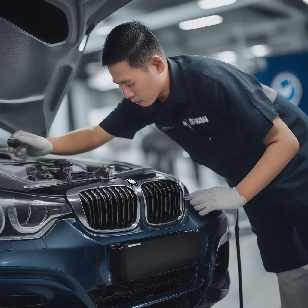 Kỹ thuật viên BMW Cầu Giấy kiểm tra xe