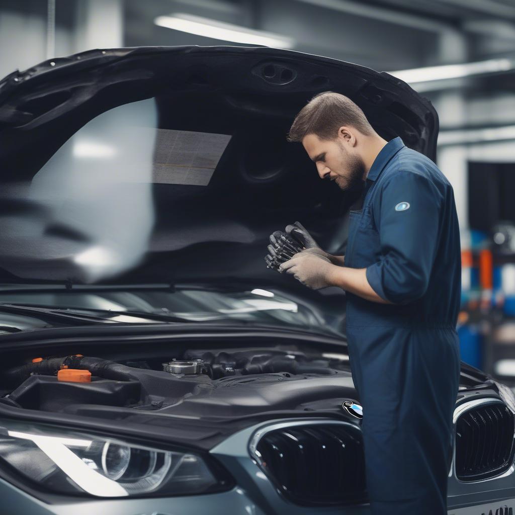 Kỹ thuật viên BMW đang kiểm tra động cơ