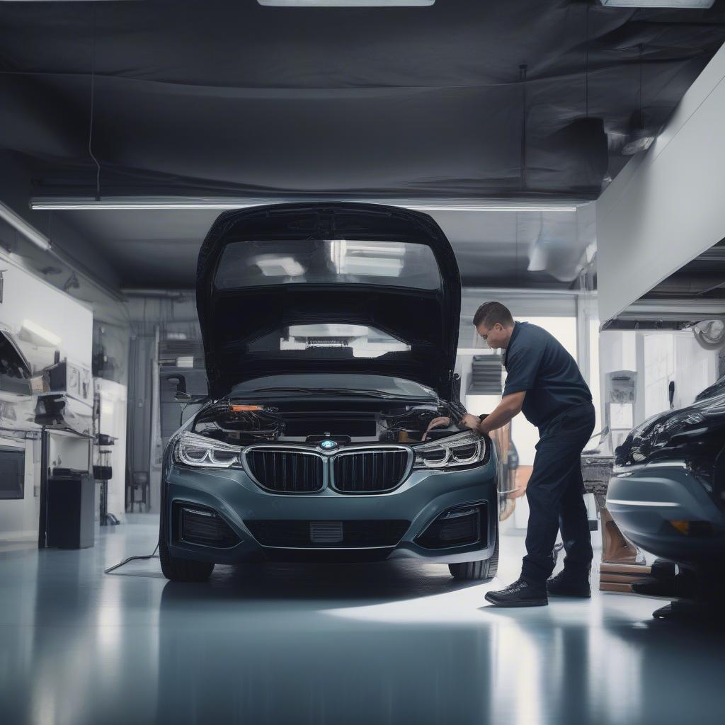 Kỹ thuật viên BMW đang kiểm tra xe