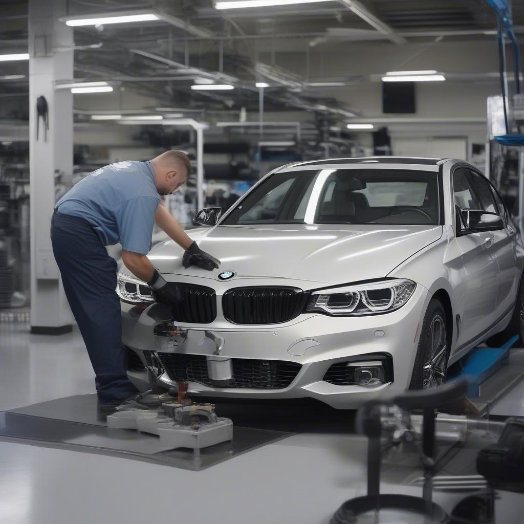 Kỹ thuật viên BMW đang lắp đặt phụ tùng chính hãng