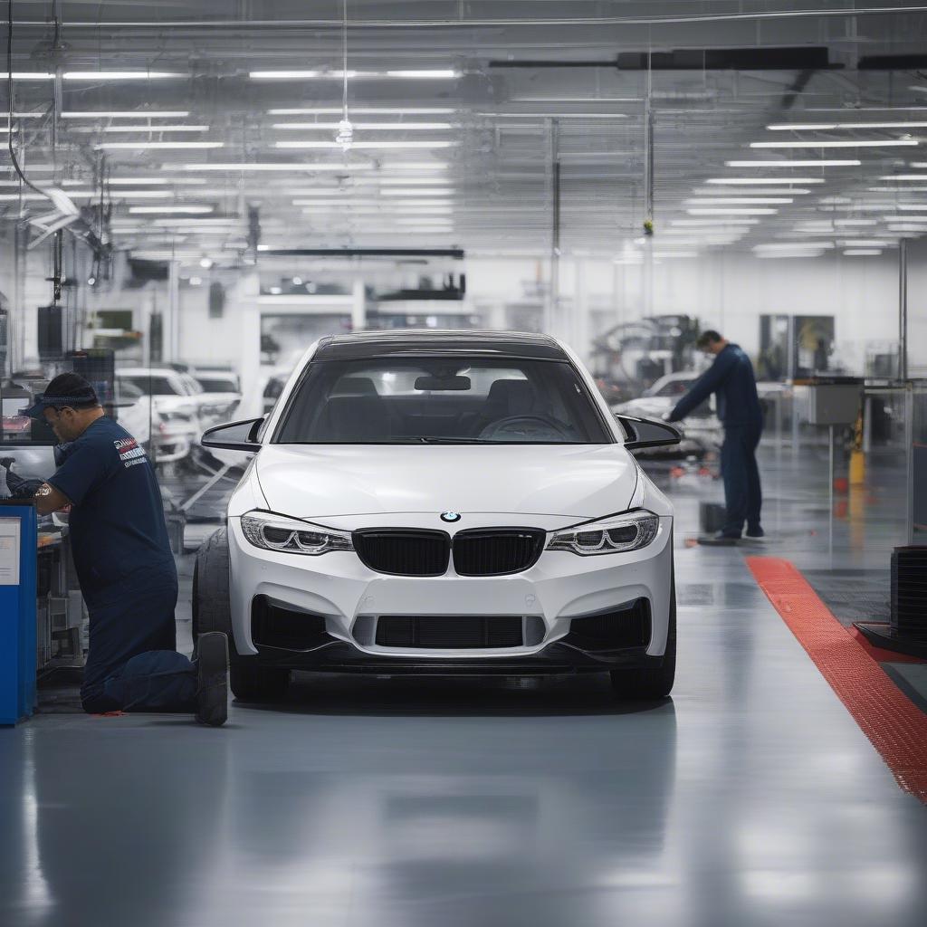 Kỹ thuật viên BMW đang làm việc tỉ mỉ, chuyên nghiệp trên một chiếc xe BMW tại trung tâm BDC.