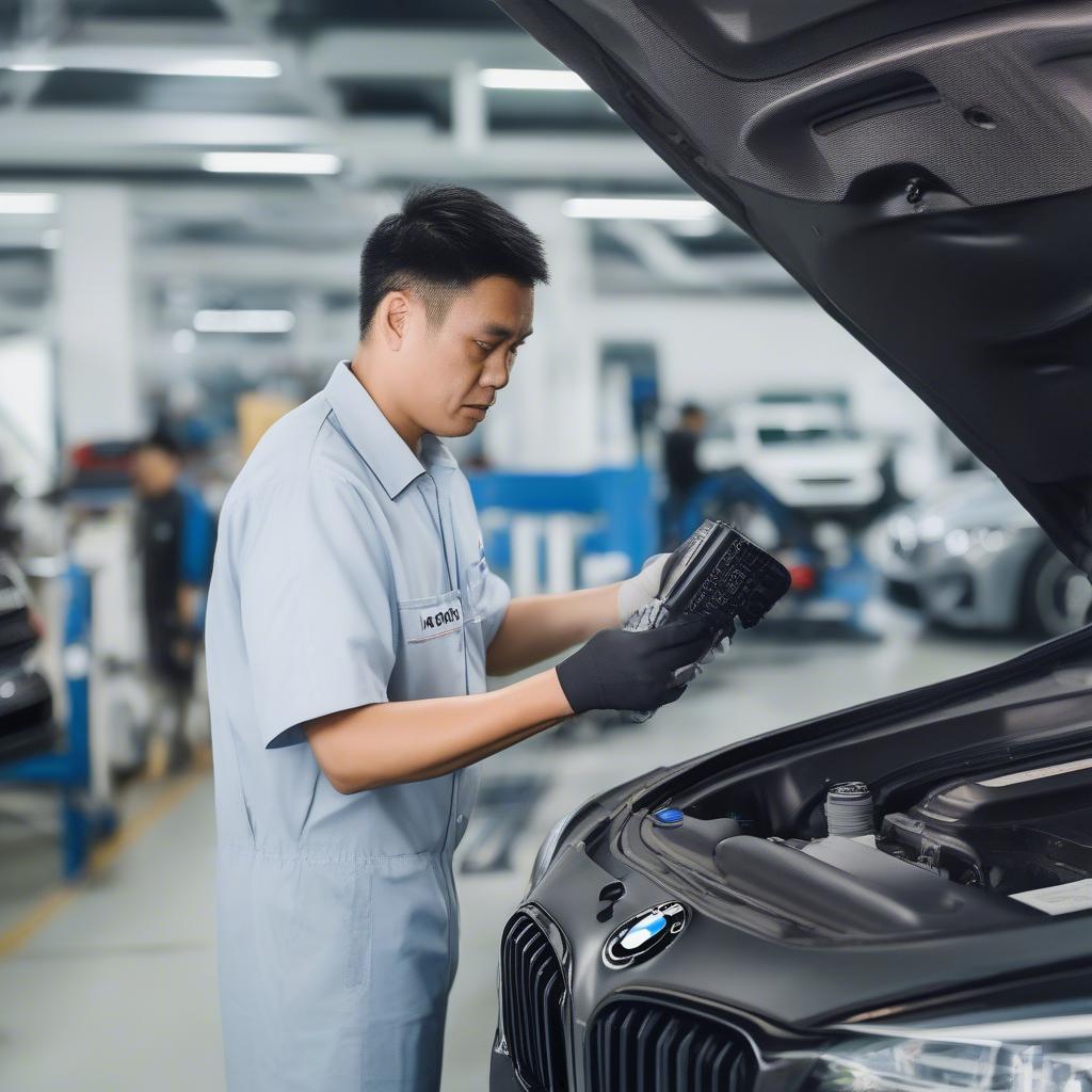 Kỹ thuật viên BMW Thaco Trường Hải đang kiểm tra xe