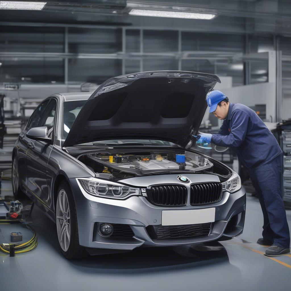 Kỹ thuật viên đang nâng cấp hệ thống NBT Evo tại BMW Cầu Giấy