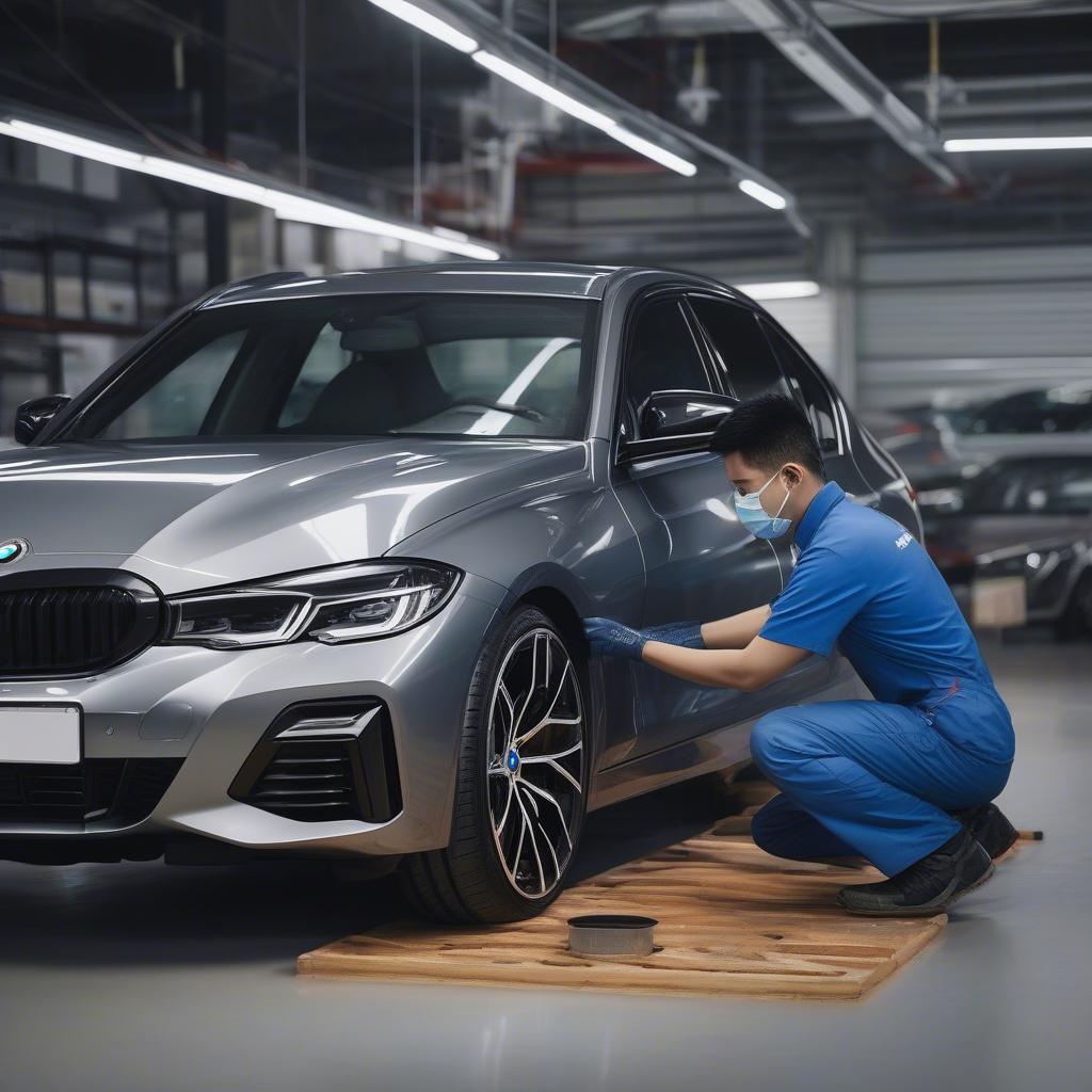 Quá trình lắp đặt mâm BMW 343M tại BMW Cầu Giấy được thực hiện bởi đội ngũ kỹ thuật viên chuyên nghiệp, đảm bảo chất lượng và độ chính xác.