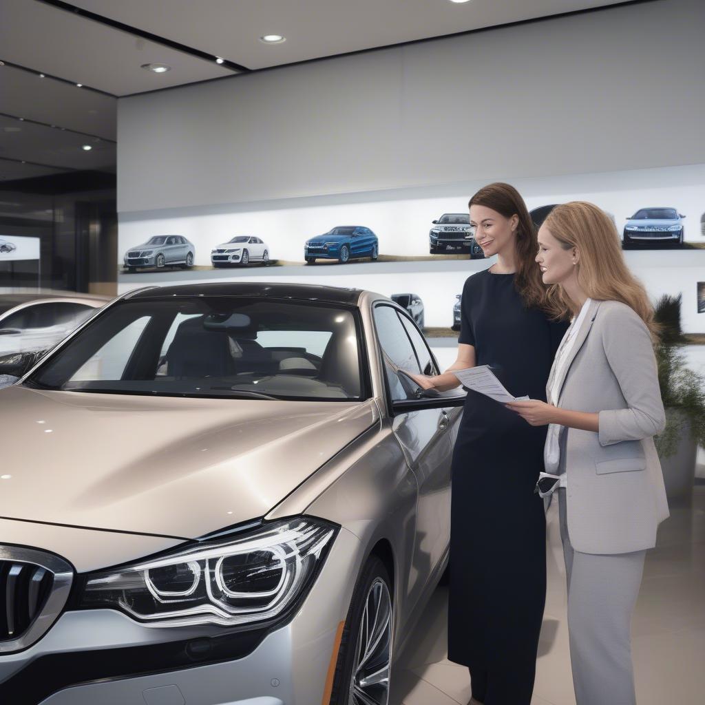 Nữ nhân viên BMW tư vấn khách hàng về dòng xe BMW mới nhất