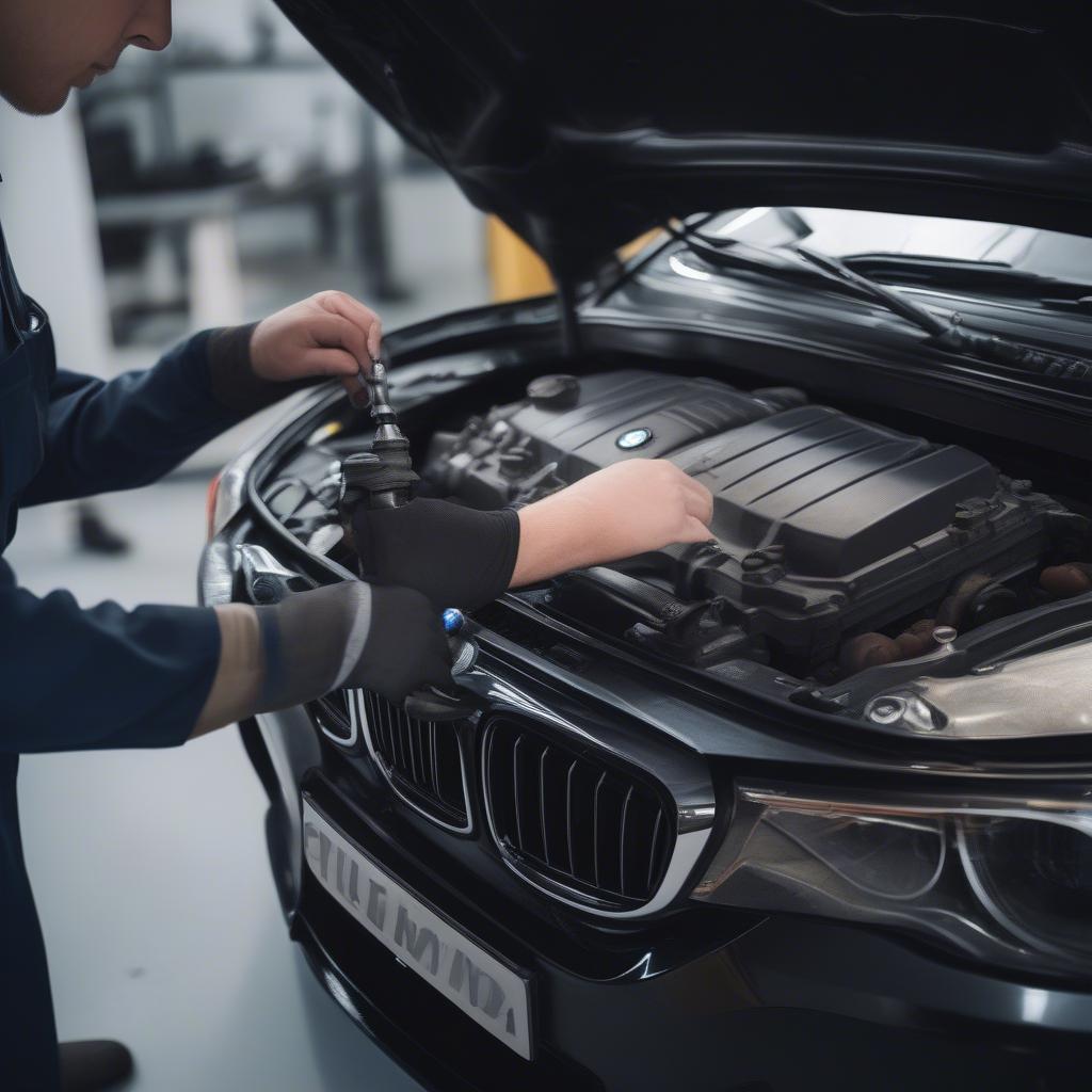 Sửa chữa hộp số BMW tại Phoenix: Hình ảnh kỹ thuật viên đang kiểm tra hộp số BMW.