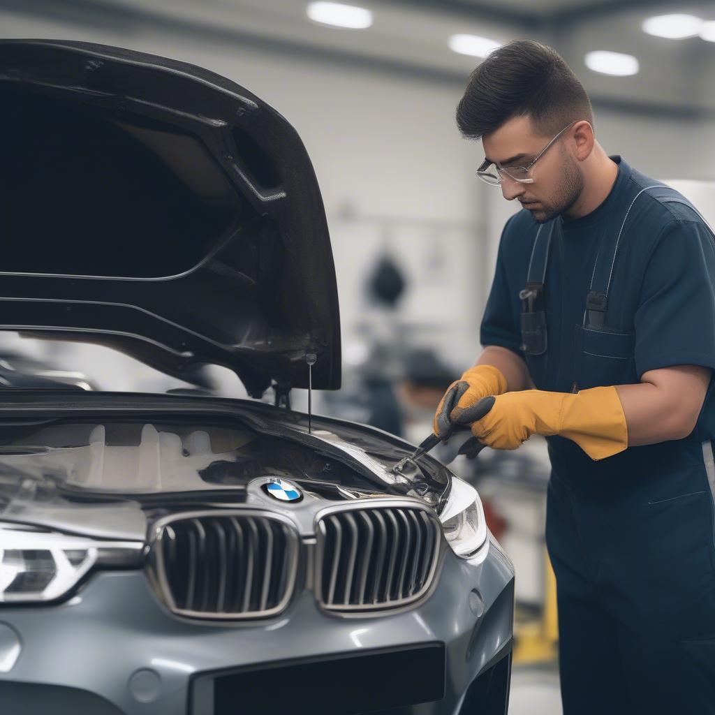 Sửa chữa thân vỏ BMW: Hình ảnh kỹ thuật viên đang kiểm tra và sửa chữa phần thân vỏ của một chiếc BMW tại xưởng dịch vụ. Kỹ thuật viên mặc đồng phục chuyên nghiệp, sử dụng các dụng cụ chuyên dụng. Chiếc xe BMW được đặt trong môi trường sạch sẽ, hiện đại.