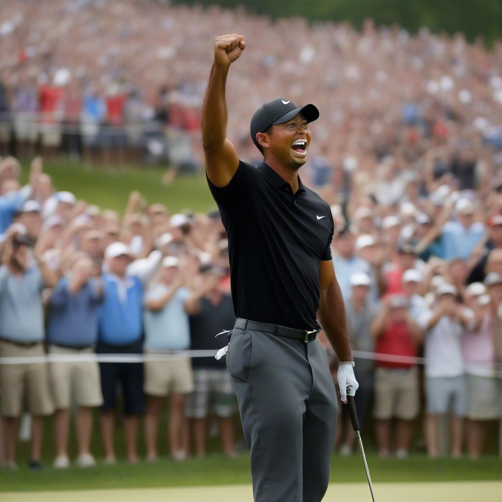 Tiger Woods ăn mừng sau một cú đánh thành công tại BMW Championship Round 1