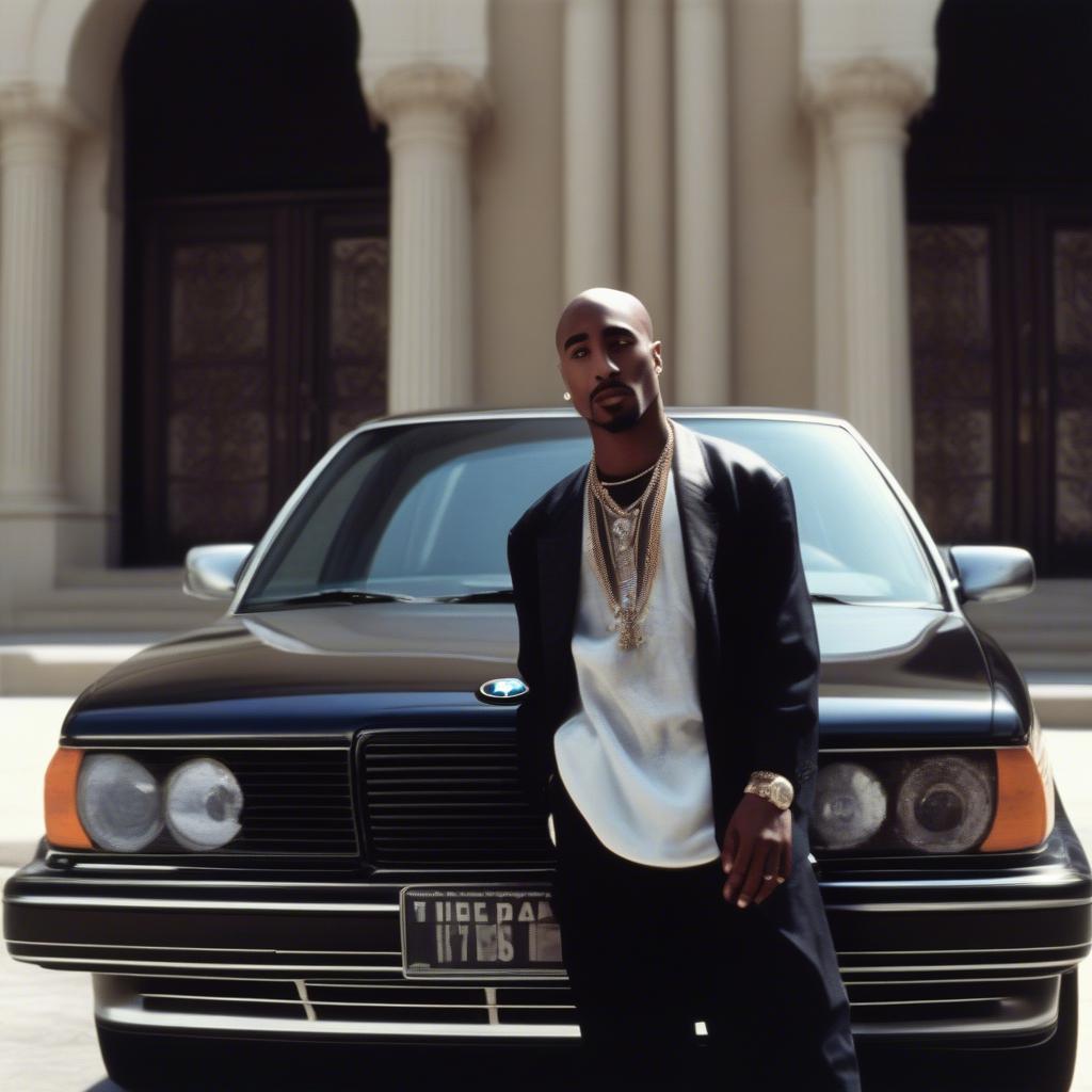 Tupac Shakur bên cạnh chiếc BMW 7 Series sang trọng