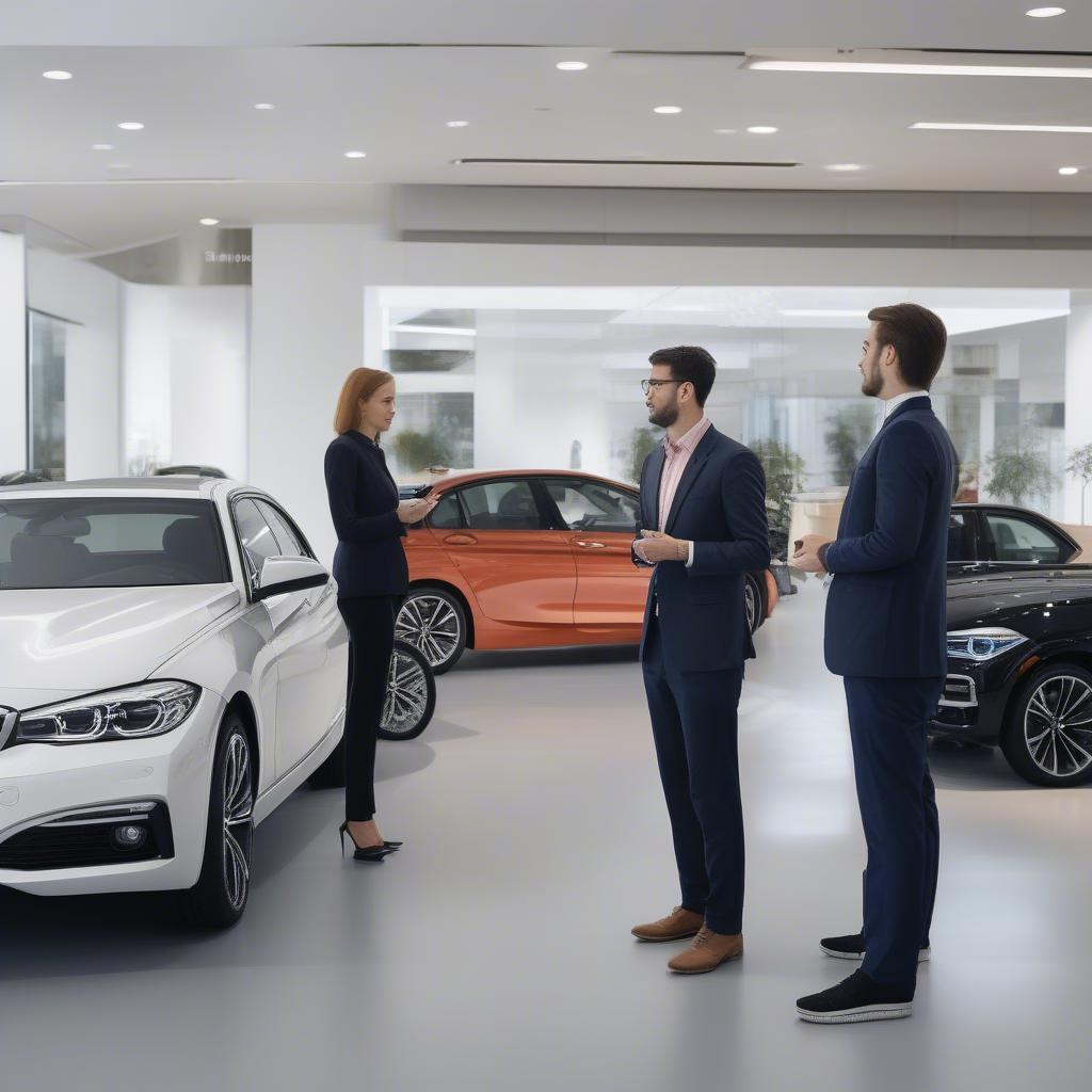 Tuyển dụng tư vấn bán hàng BMW - hình ảnh minh họa tư vấn viên đang giới thiệu xe cho khách hàng.